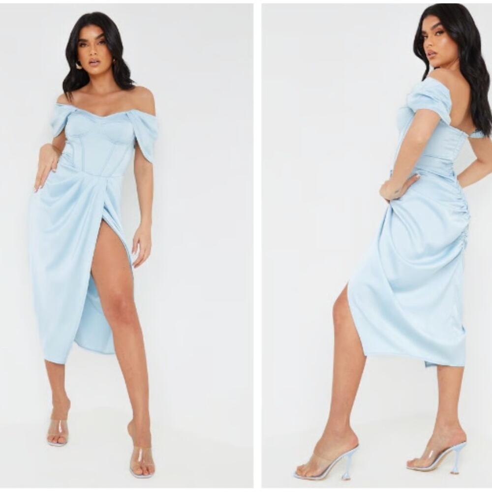 Prettylittlething Baby Blue Bardot Corsett Dress
